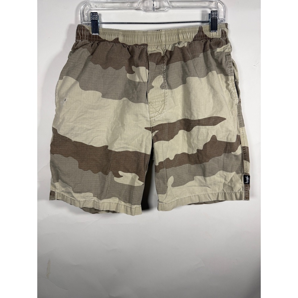 Stussy Mens Desert Camo Ripstop Shorts Brown Tan Elastic Waist Size Medium FLAW
